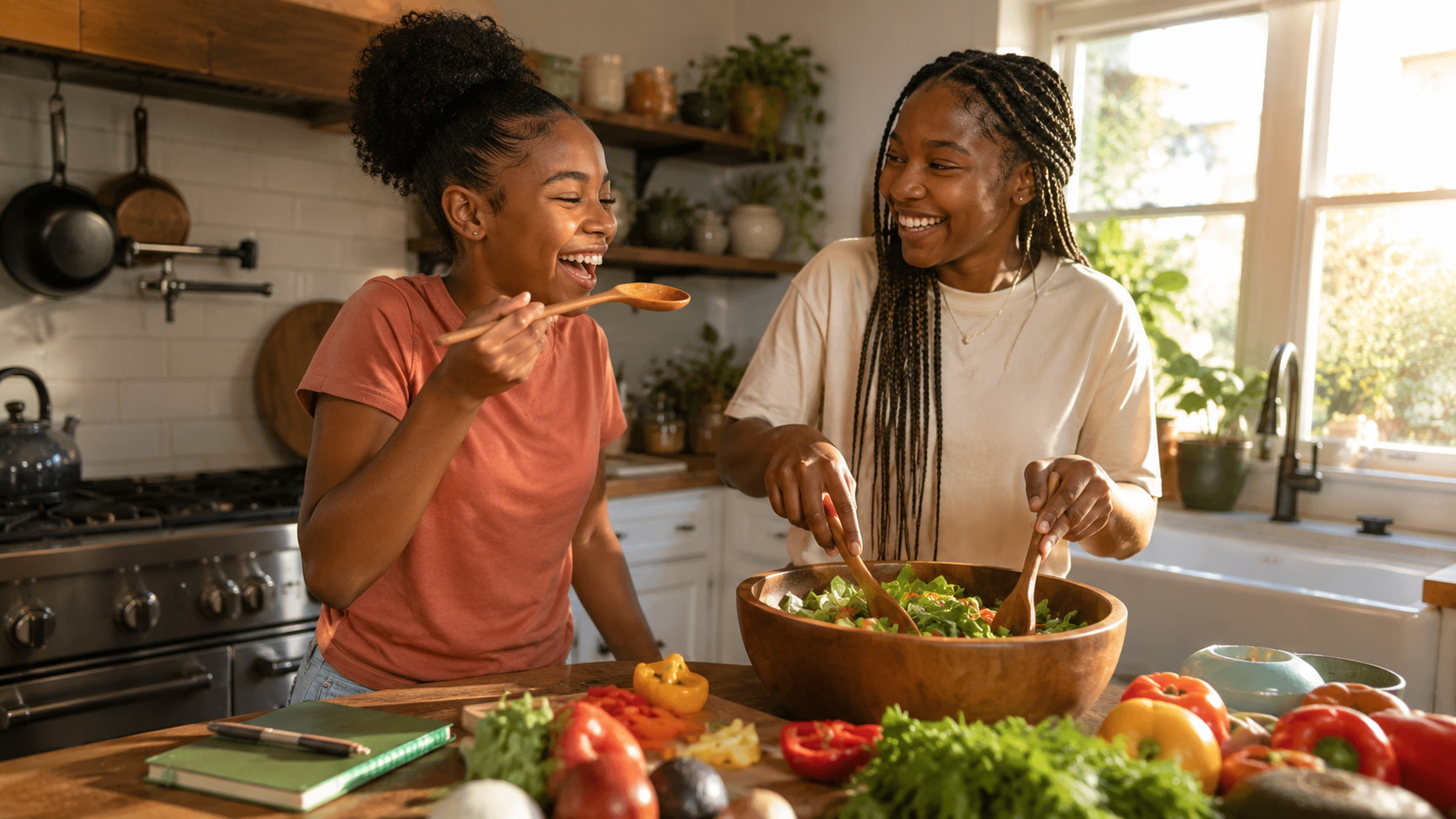Two young women laughing together while tossing a fresh salad at a sunlit kitchen counter covered with colorful vegetables and a green journal