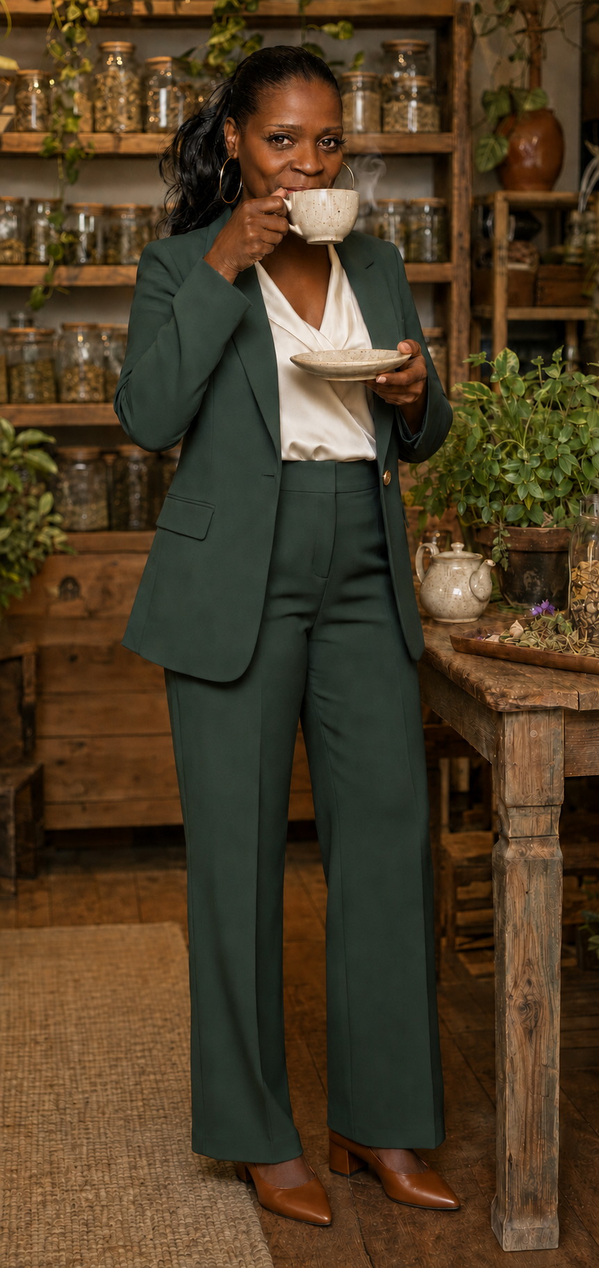 Gina Ross Moore, owner of HERBAL RIMEDIES, sipping tea from a ceramic cup and saucer in a deep green suit, standing in front of shelves of glass herb jars and potted plants