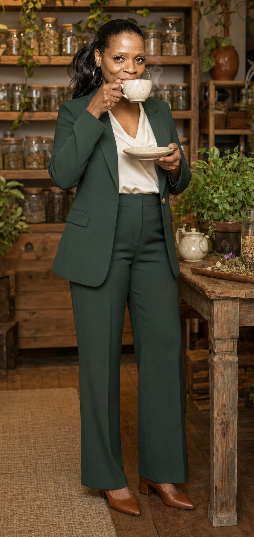 Gina Ross Moore, owner of HERBAL RIMEDIES, sipping tea from a ceramic cup and saucer in a deep green suit, standing in front of shelves of glass herb jars and potted plants