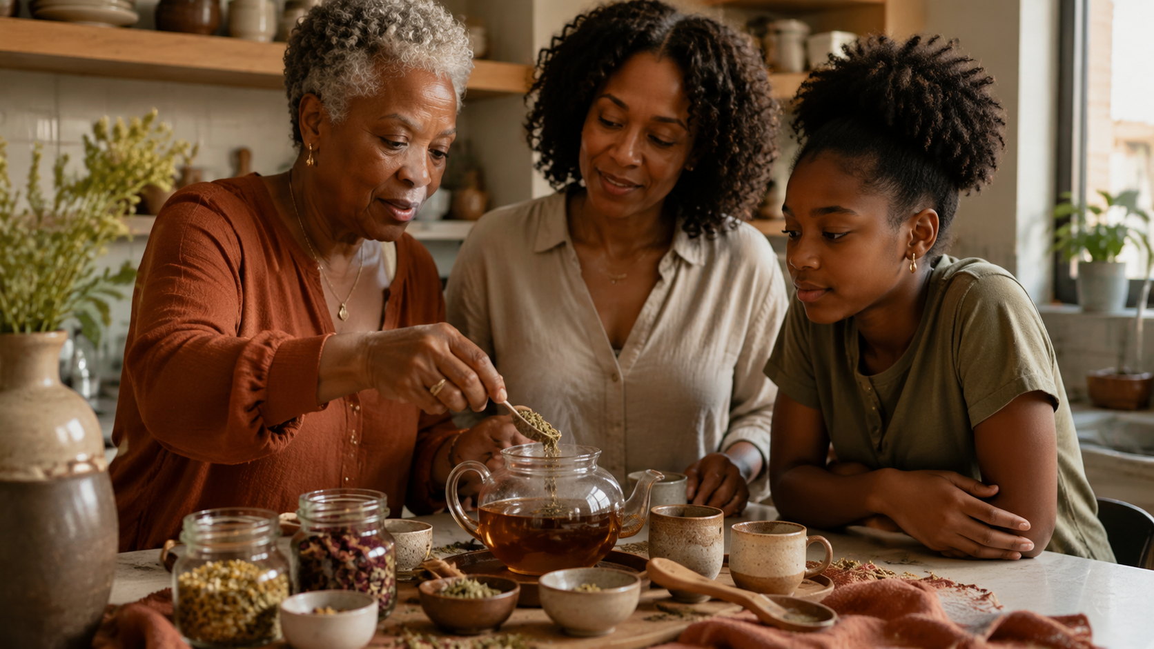 Three generations around a kitchen table: an older woman spoons loose herbs into a glass teapot while a woman and a teenage girl watch, with jars of dried herbs and stoneware cups in front of them